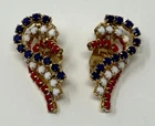 Vtg HOBE Clip Earrings Patriotic Red, White & Blue Rhinestone signed 1960s RARE
