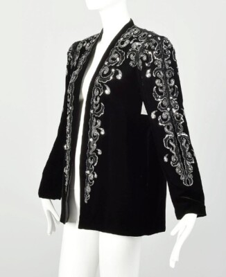 Stunning Women's M Beaded Sequined Velvet Open Front Duster Cardigan Blazer 