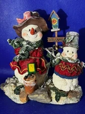 Vintage Glitter Snowman Father & Son Welcome Sign Bird House Christmas Figurine