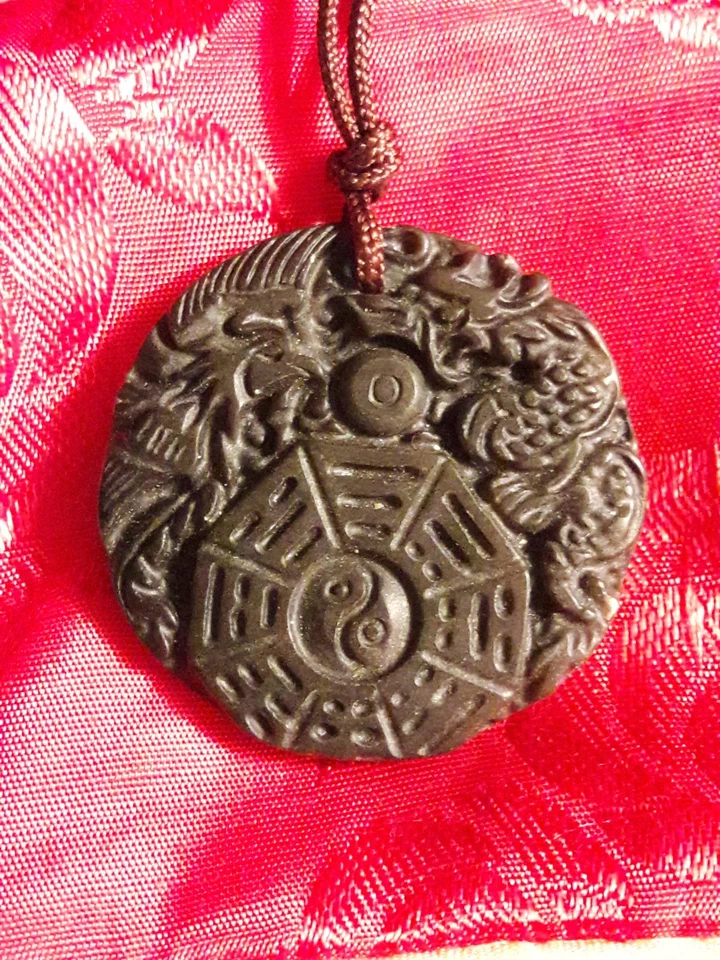 Dragón Asiático Ying Yang Piedra Marrón Amuleto 1.5" Colgante 28" Acorde de Seda  Foto 2 de 4