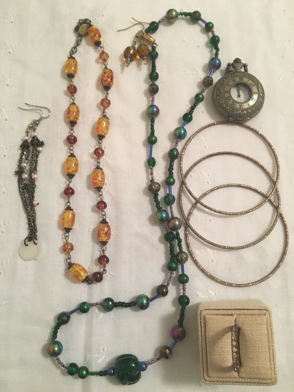 Lot of 7: Two Necklaces, Two Earrings, Ring, Bangles, Pendant,