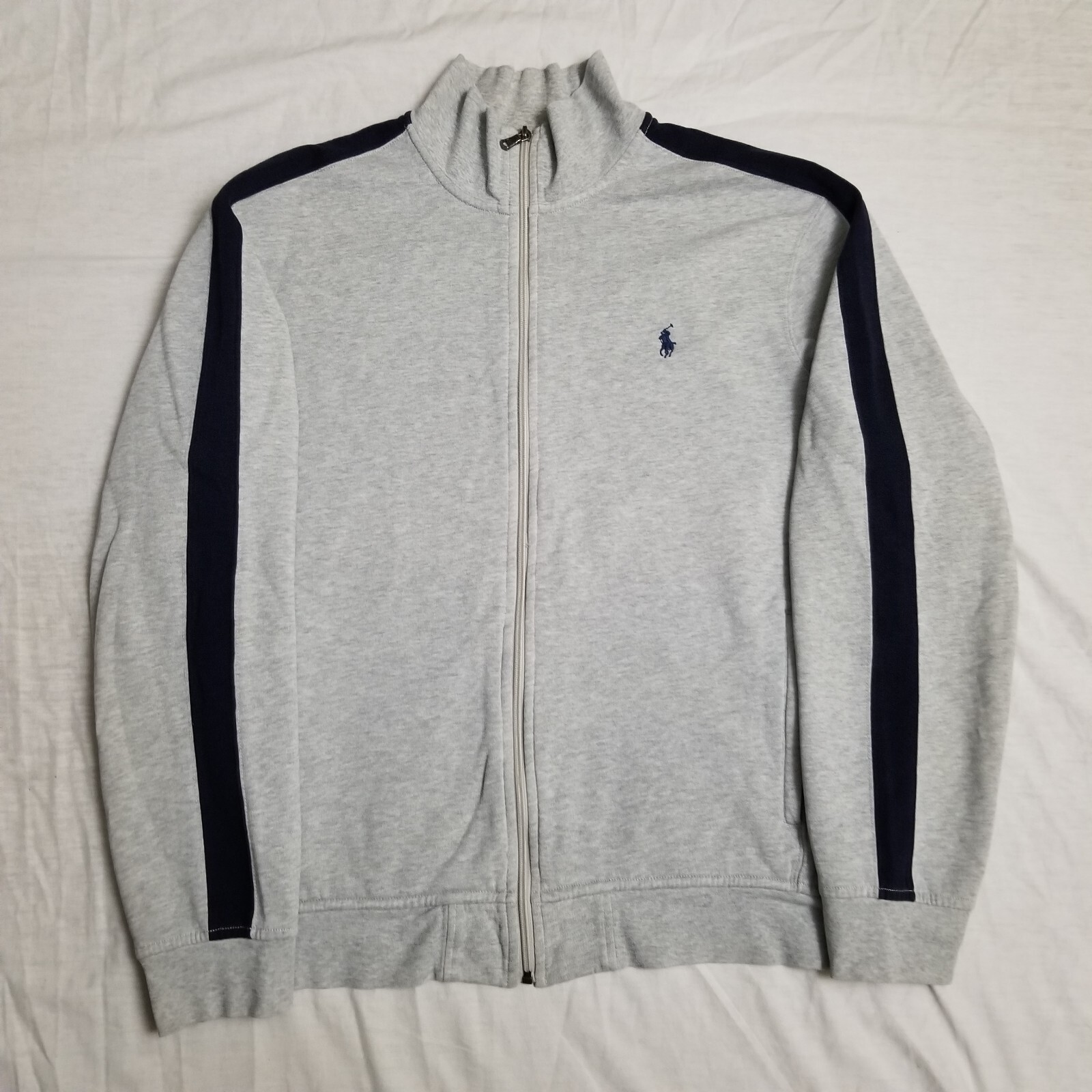 Giacca da pista vintage anni '90 polo Ralph Lauren grigio a righe blu logo pony cerniera intera XL