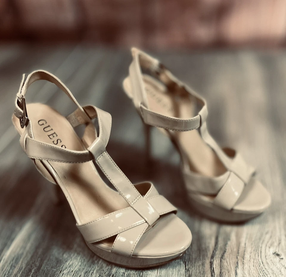 TACONES GUESS LIGHT CHAROL NATURAL 5 pulgadas PEEP TOE TALLA 6 M Foto 4 de 4