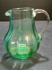 Vintage Hand Blown Miniature Green Optic Ribbed Pitcher 3.18"x3"x2.43" Excellent
