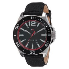 NEW TOMMY HILFIGER SILVER+BLACK TONE,BLACK CANVAS+LEATHER BAND WATCH # 1791284