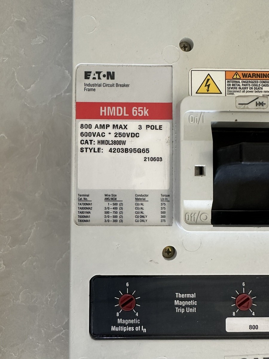 HMDL3800W EATON HMDL 65k 800A Max 3P Circuit Breaker With MT3800T