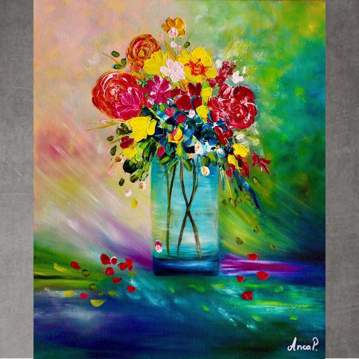 Flowers in vase original oil painting, Flower bouquet