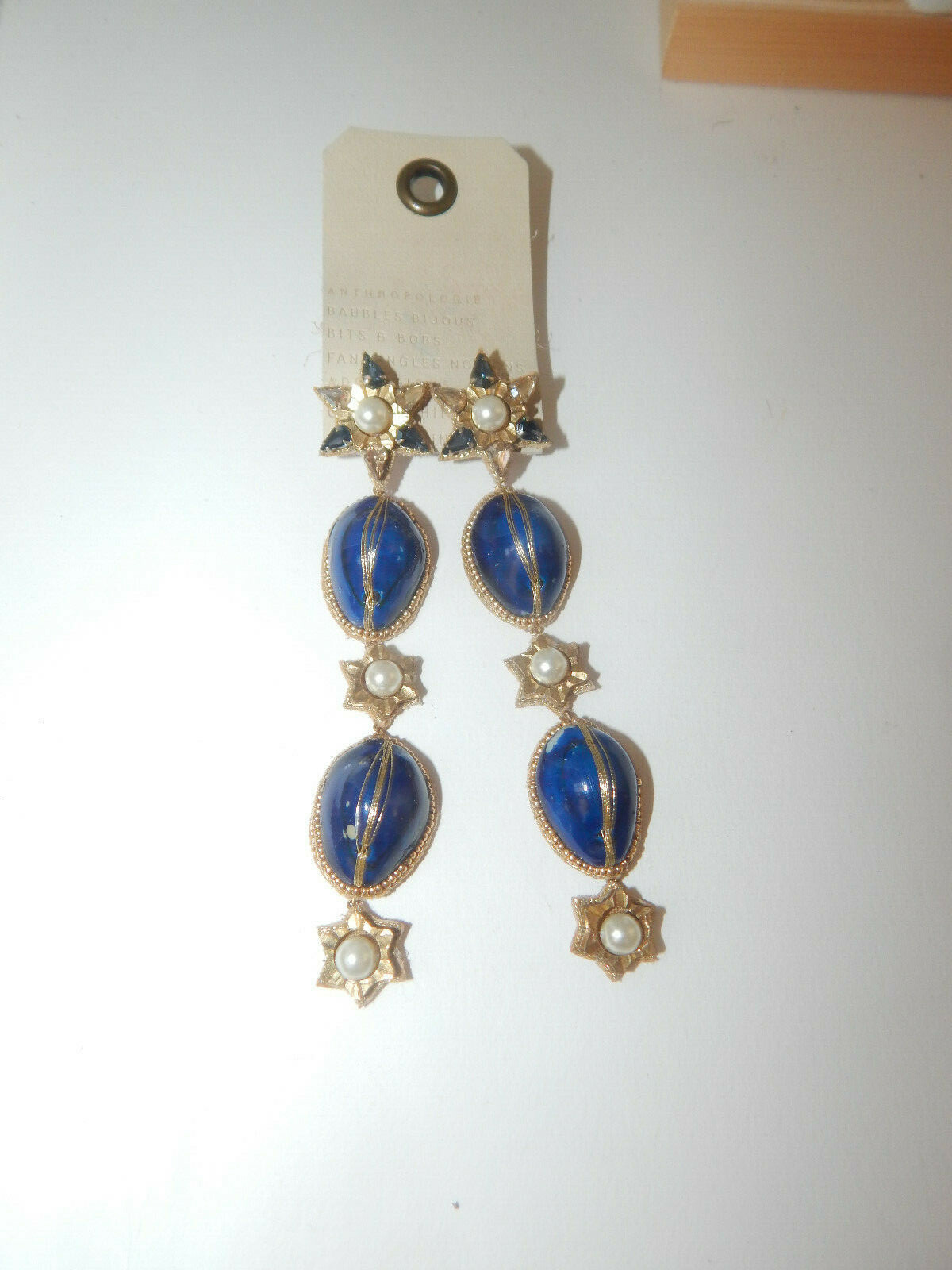 Anthropologie Blue Beaded Star Dangle Earrings Long Drop Trendy NWT $98-image