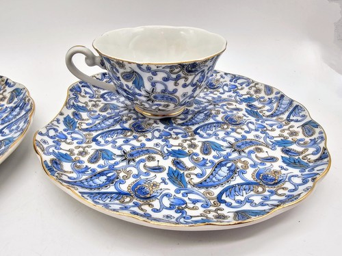 Lefton China Snack Plates And Tea Cups Blue Paisley Lot Of 5 Pieces - Picture 2 of 21