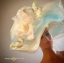 Kentucky Derby Hat Baby Blue Aqua Butterfly White Cream Rose Del Mar Royal Ascot