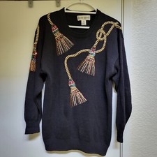 VTG Victoria Harbour Womens S Sweater 80's Beaded Tassels Embellished Holiday