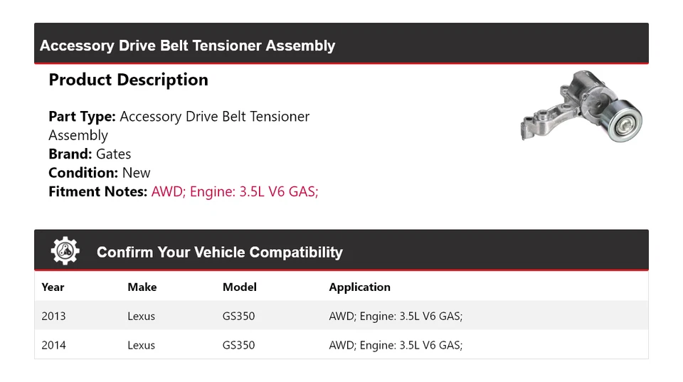 Portões de montagem tensor de correia de transmissão awd gasolina Lexus GS350 3.5L V6 2013-2014 - Imagem 2 de 4