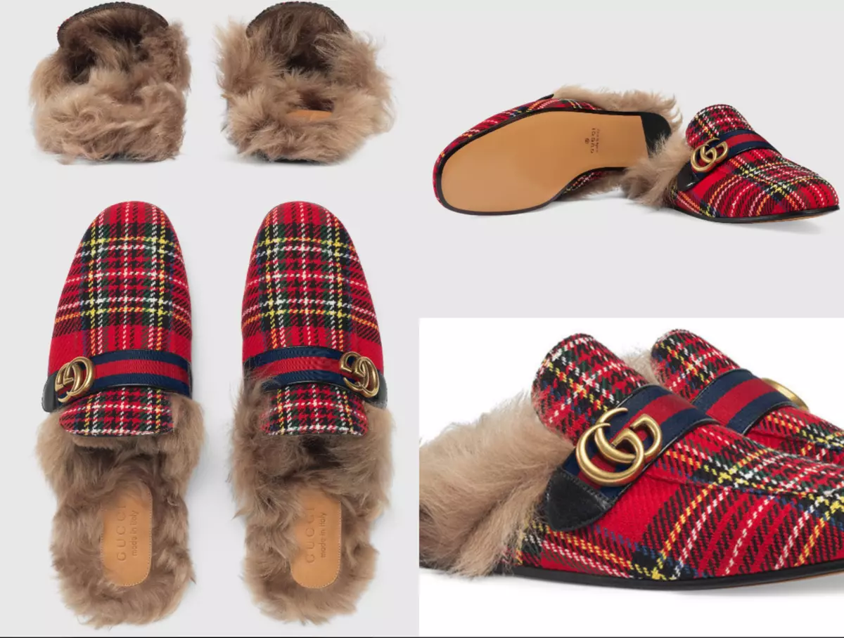 Optimistisk Handel vegetation Gucci Princetown Tartan fur-Lined Double G Slipper Sandals Shoes | eBay