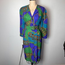 Vtg Adrianna Papell 100% Silk Dress 8 Colorful Print Belt Tassel Maximalist