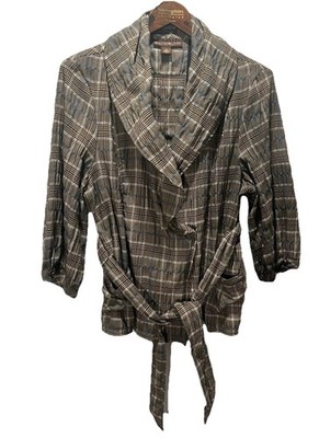 Bandolino Stretch Vintage Brown Plaid Belted Shawl Collar Poly Spandex Sz 16
