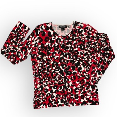 August Silk Sweater Womens Large Red Black Abstract Cardigan Heritage Preppy