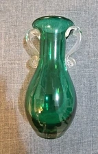 Vintage Tarnowiec Green Glass Vase With Clear Handles Hand Made In Poland 6"