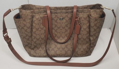 Coach Signature Diaper Bag Brown Canvas Leather Trim Large Tote