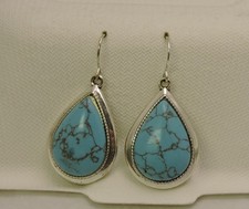 Tear Drop Turquoise Color Silver Color Dangle Pierced Earrings 1"