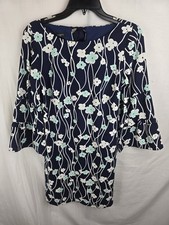 Talbots Petite Floral Bell Sleeve Navy and Mint Dress Sz 4P