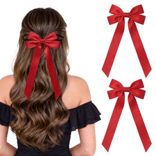 2 PCS Double Layer Hair Bows Red Ribbon Clips Ponytail Holder Women Girls
