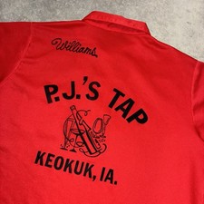 Vintage 60s 70s Hilton Chainstitched Flocked Bowling Shirt Red XL Iowa Polyester