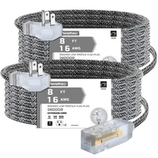 2 Pack Braided Extension Cord, 8 FT with Braided Low Profile Flat Power, 3 Po...