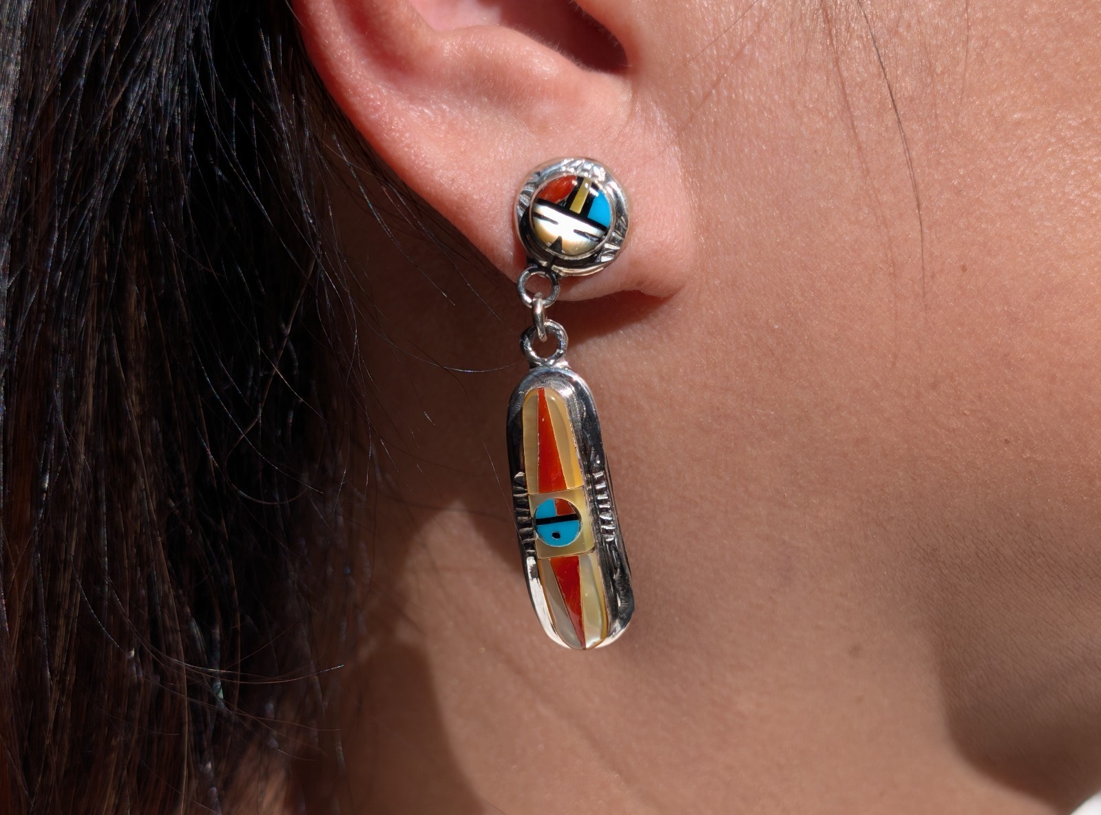 Signed Zuni Sunface Inlay Earrings Sterling Silver Raylan Patty Edaakie Dangle