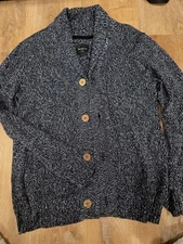 Barney Cools Men's Cardigan Shawl Collar Sweater M Marled Black White Knit Gray