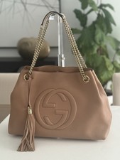 Authentic Gucci Pebbled Calfskin Medium Soho Chain Bag Tote Dusty Rose Pink