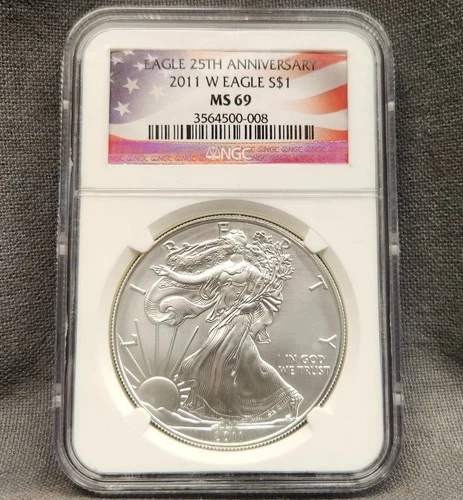 2011-W $1 American Silver Eagle – NGC Certified MS69 25th Anniversary Flag Label