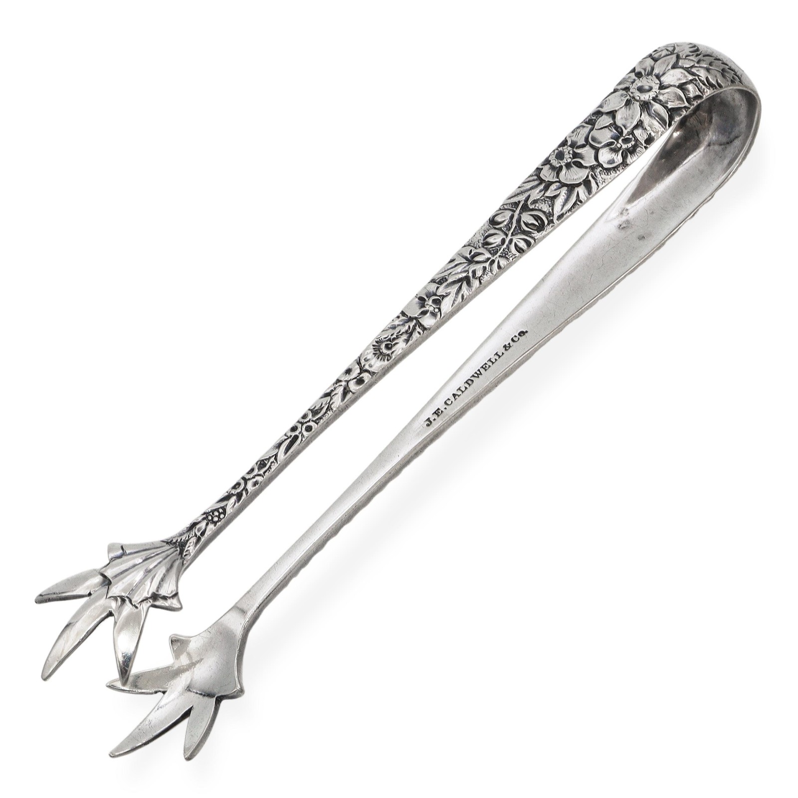 Antique J.E. Caldwell & Co. Sterling Silver Floral Repoussé Sugar Tongs