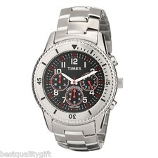 NEW TIMEX SILVER TONE STAINLESS STEEL CHRONOGRAPH BLACK DIAL MEN  WATCH-T2N159
