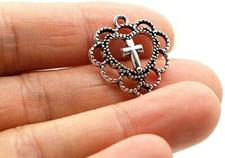 6 Cross Heart Charms Antiqued Silver Religious Pendants Christian Findings 22mm