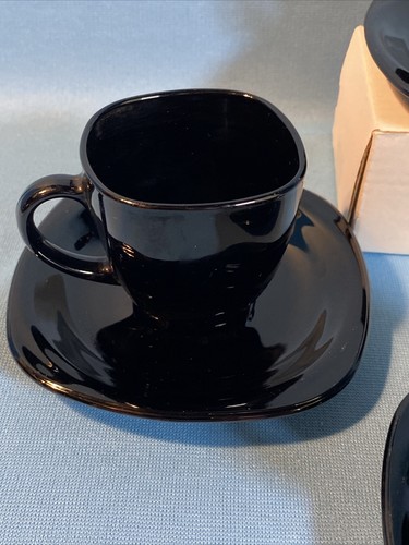 Black Glass Espresso Demitasse Cups & Saucers Etched France Set of 4 - Picture 7 of 10