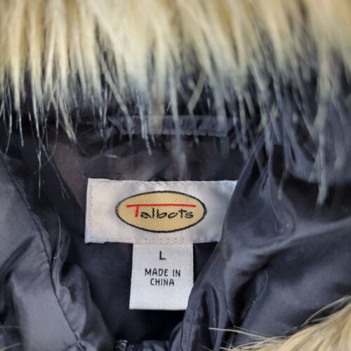 Talbots Puffer Vest Nylon/Polyester Removable Hood Faux Fur Black Women's Large - Picture 2 of 15