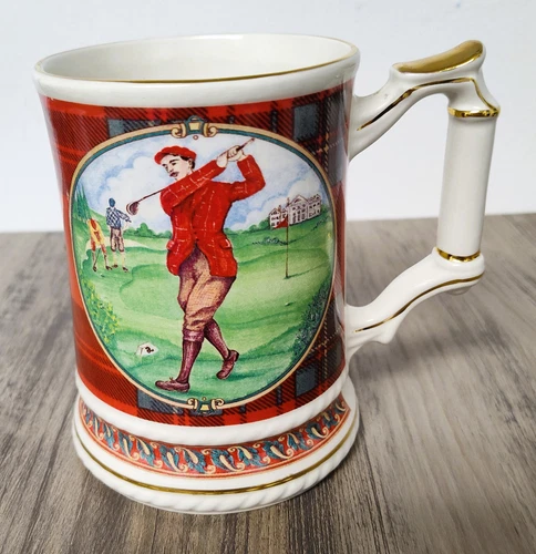 Vintage Scottish Windsor Pottery Golf White Red Tartan Tankard/Mug - England
