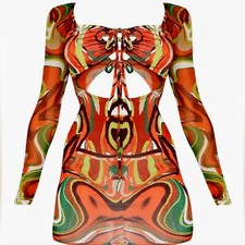Prettylittlething Orange Marble Print Double Tie Long Sleeve Bodycon Dress 12