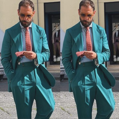 2Pcs Aqua Men's Suits Leisure Wide Lapel Tuxedos Business Wedding Groom Blazer
