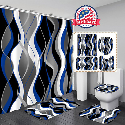 Juego de 4 cortinas de ducha a rayas azules y negras,de baño de color gris blanc
