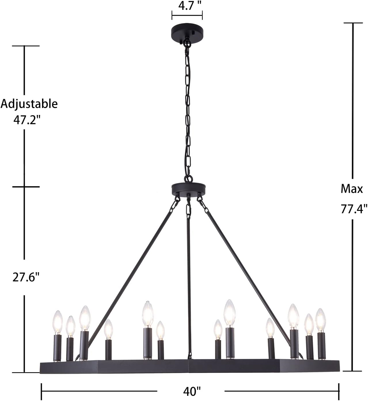 Wellmet Black Farmhouse Chandelier 40" Diameter, 12 Light Large