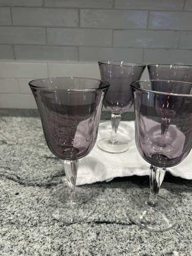 4 AMETHYST /PURPLE Colored WINE/WATER GLASSES GOBLET CLEAR STEM - Picture 2 of 14