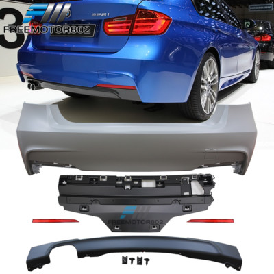 Fits 12-18 BMW F30 328i 4D MT Rear Bumper Cover Diffuser Twin Muffler Single Out