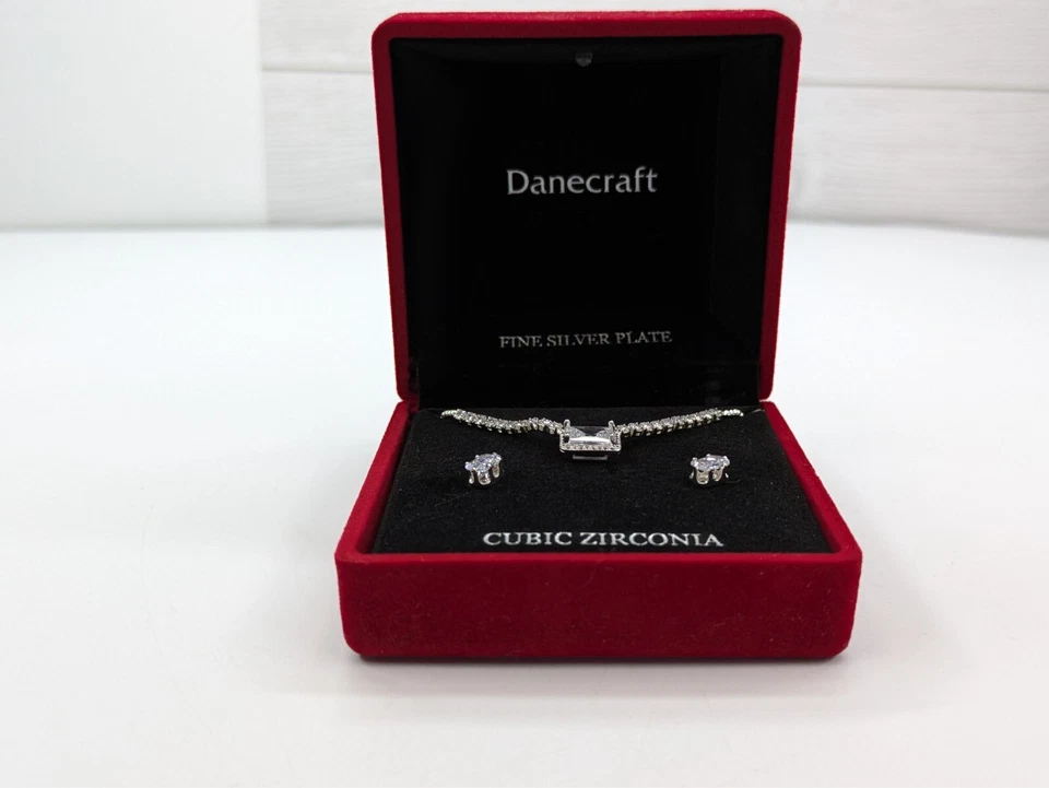 Danecraft Cubic Zirconia Fine Silver Plated Necklace & Earrings Set NIB - Image 3 of 4
