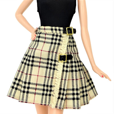 Barbie Burberry Karo Faltenrock Goldene Schnallen Puppenkleidung Neu