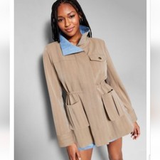 Jeannie Mai Utility Jacket Coat Plus Size 3x Tan Denim Long Sleeve Women Ladies