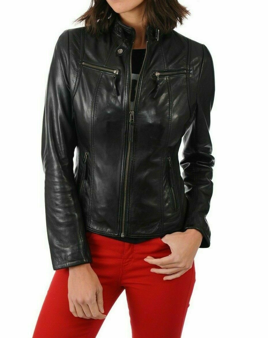 Leather Jacket For Women Black Biker Motorcycle Real Lambskin-image