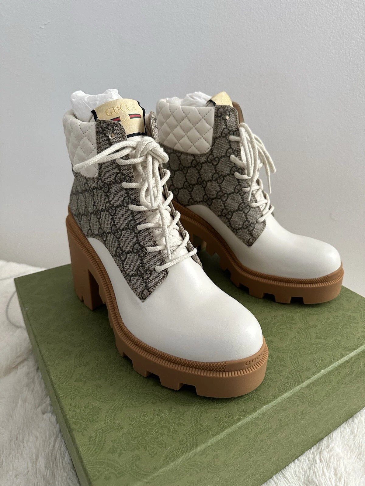 Bottines à talons Gucci 659691 GG Supreme cuir blanc/beige pointure 41/US 11
