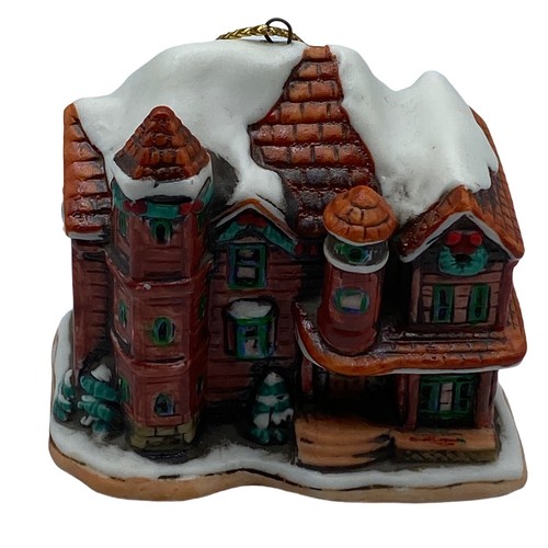 Lefton Christmas Ornament Snow Covered Colonial House 1990 #07772 Red Green