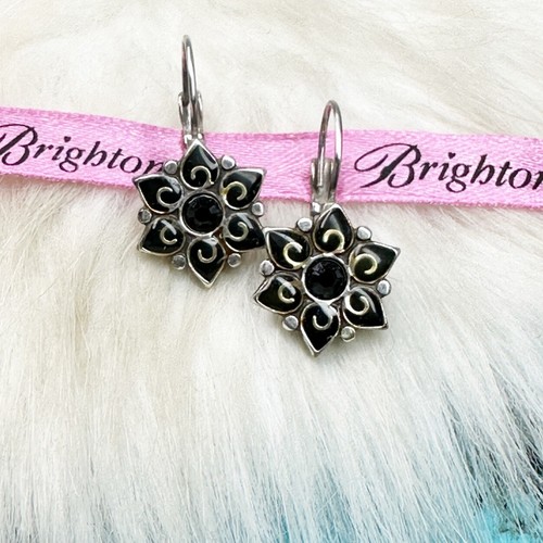 Brighton Garden of Eden Black Crystal Flower Hook Drop Silver Plate Earrings